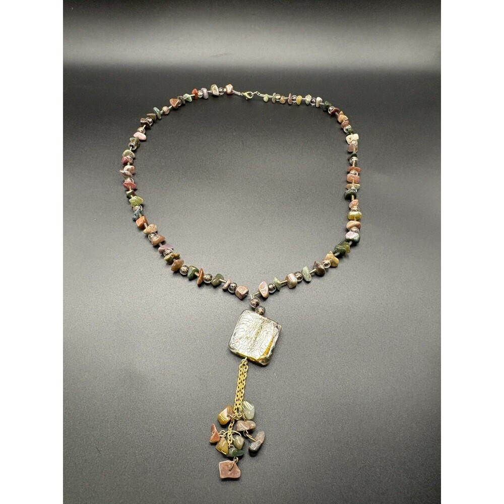 Vintage Mother of Pearl Glass Pendant Necklace Multicolor Stone Chip Bead Boho